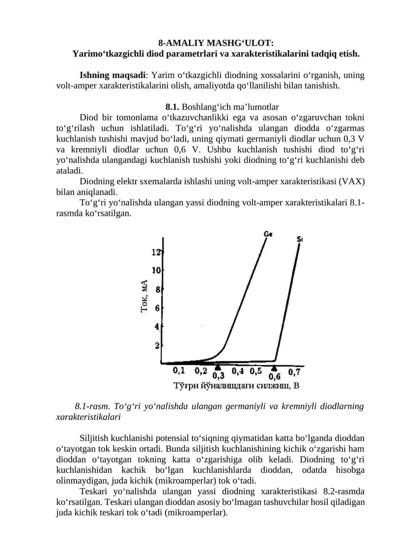 Yarimo‘tkazgichli diod parametrlari va xarakteristikalarini tadqiq etish 1