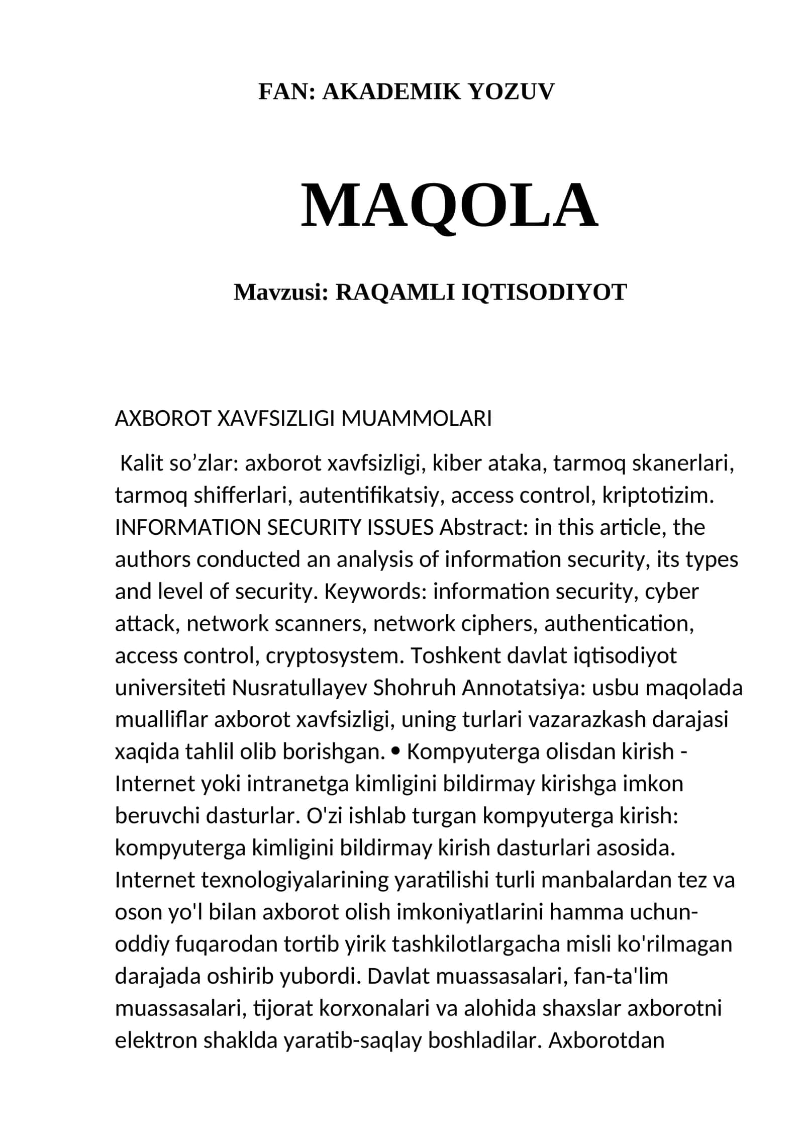 FAN: AKADEMIK YOZUV 1