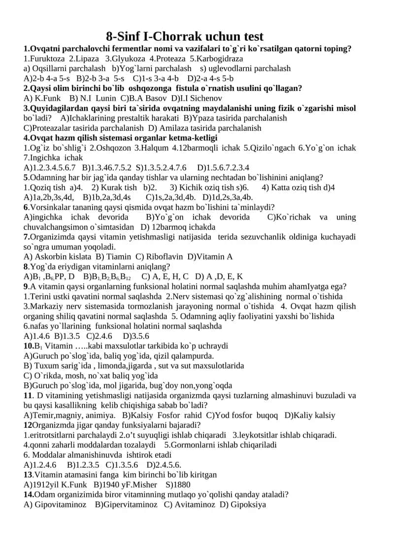 8-Sinf I-Chorrak uchun test 1
