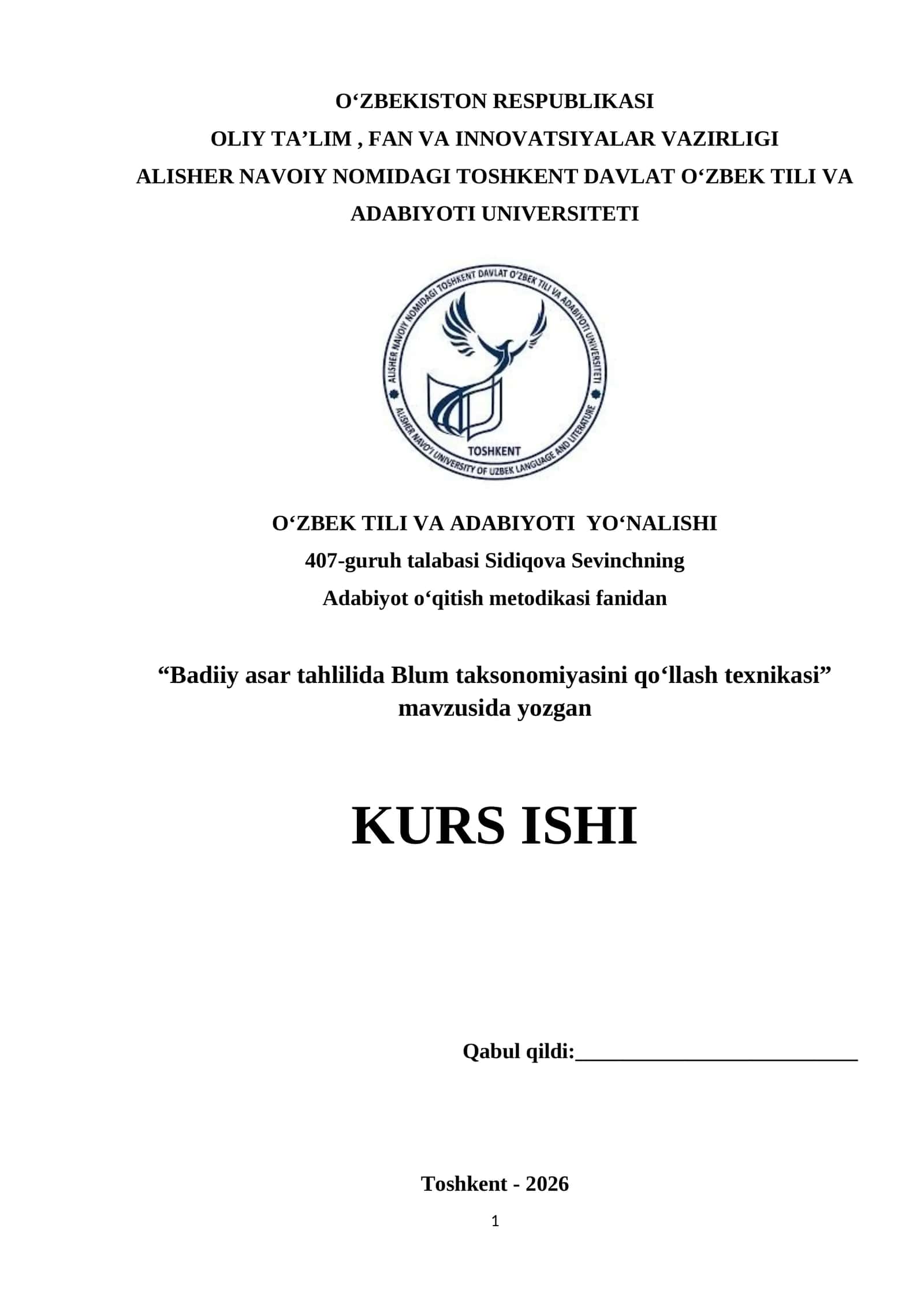 Badiiy asar tahlilida Blum taksonomiyasini qo‘llash texnikasi 1