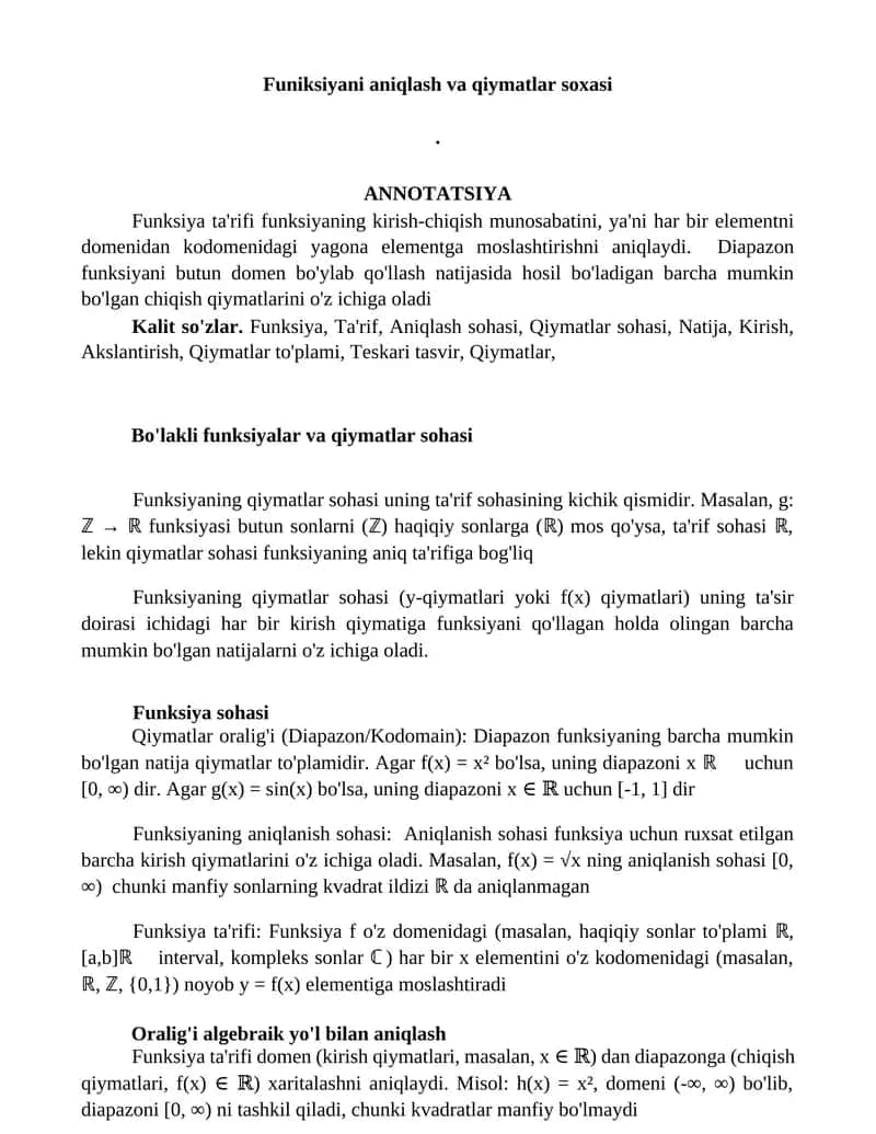 Funiksiyani aniqlash va qiymatlar soxasi 1