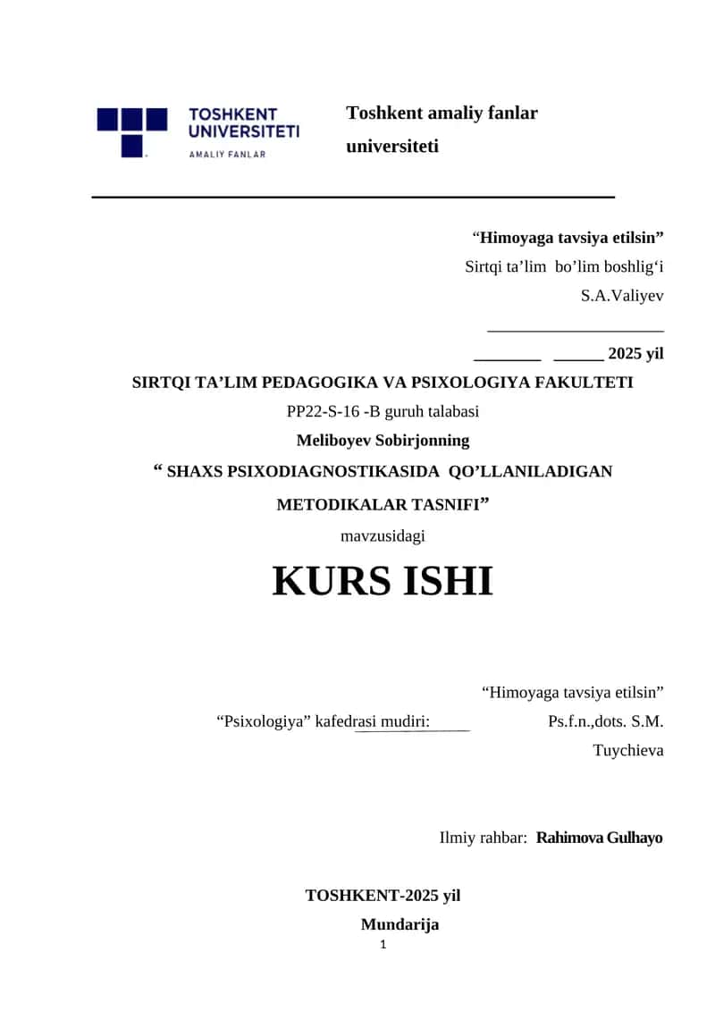 SHAXS PSIXODIAGNOSTIKASIDA QO’LLANILADIGAN METODIKALAR TASNIFI 1