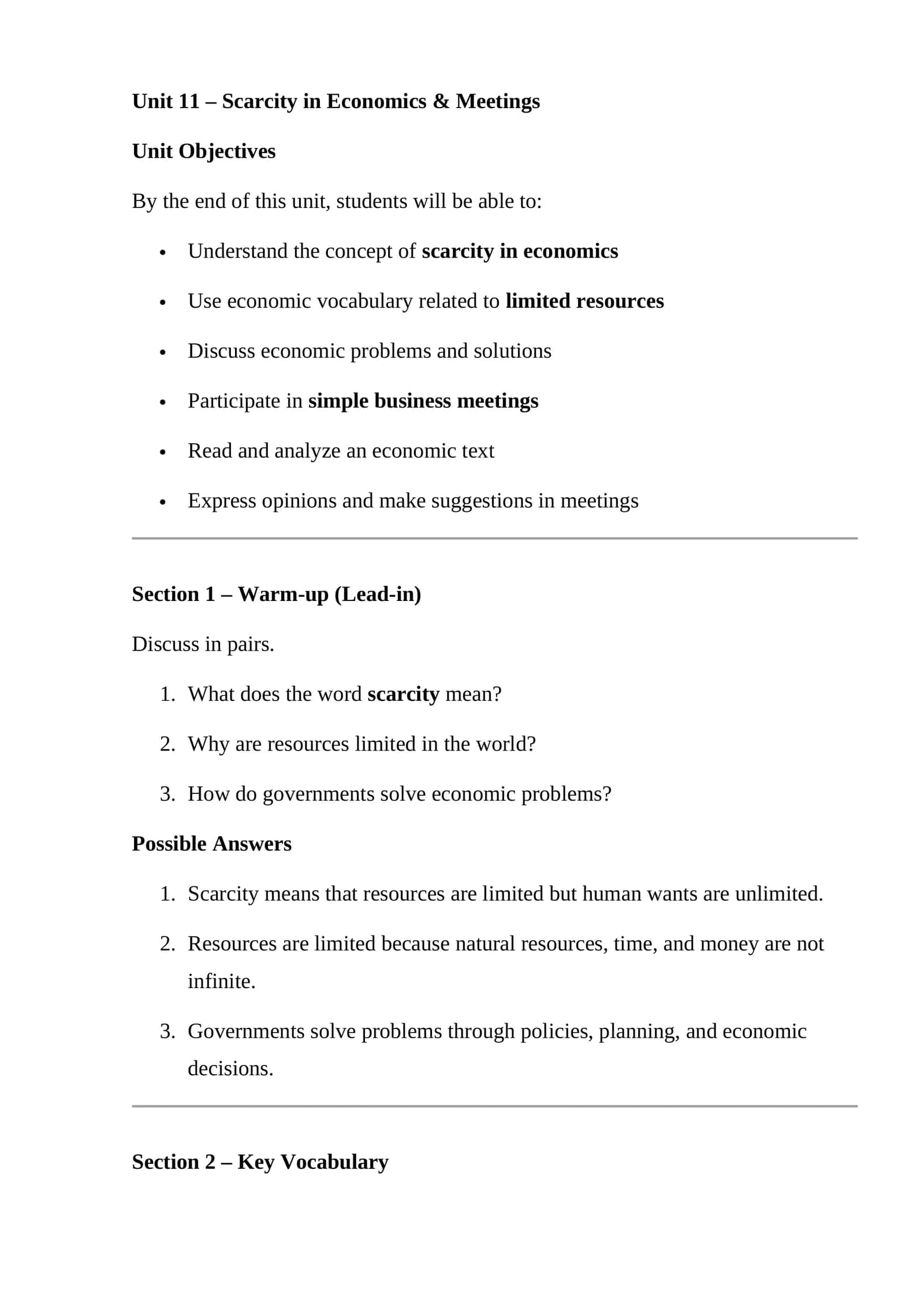 Scarcity in Economics & Meetings 1