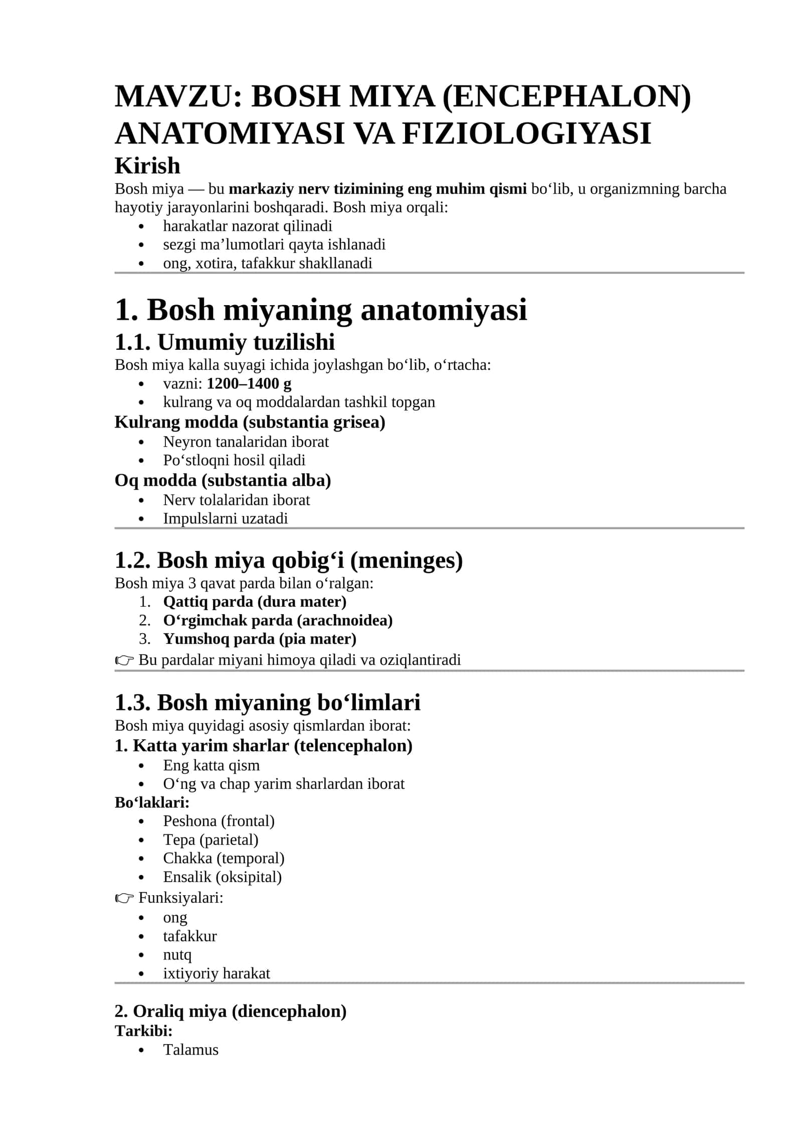 BOSH MIYA (ENCEPHALON) ANATOMIYASI VA FIZIOLOGIYASI 1