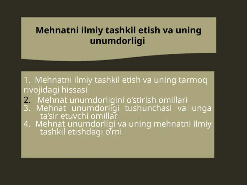 Mehnatni ilmiy tashkil etish va unumdorligi 1