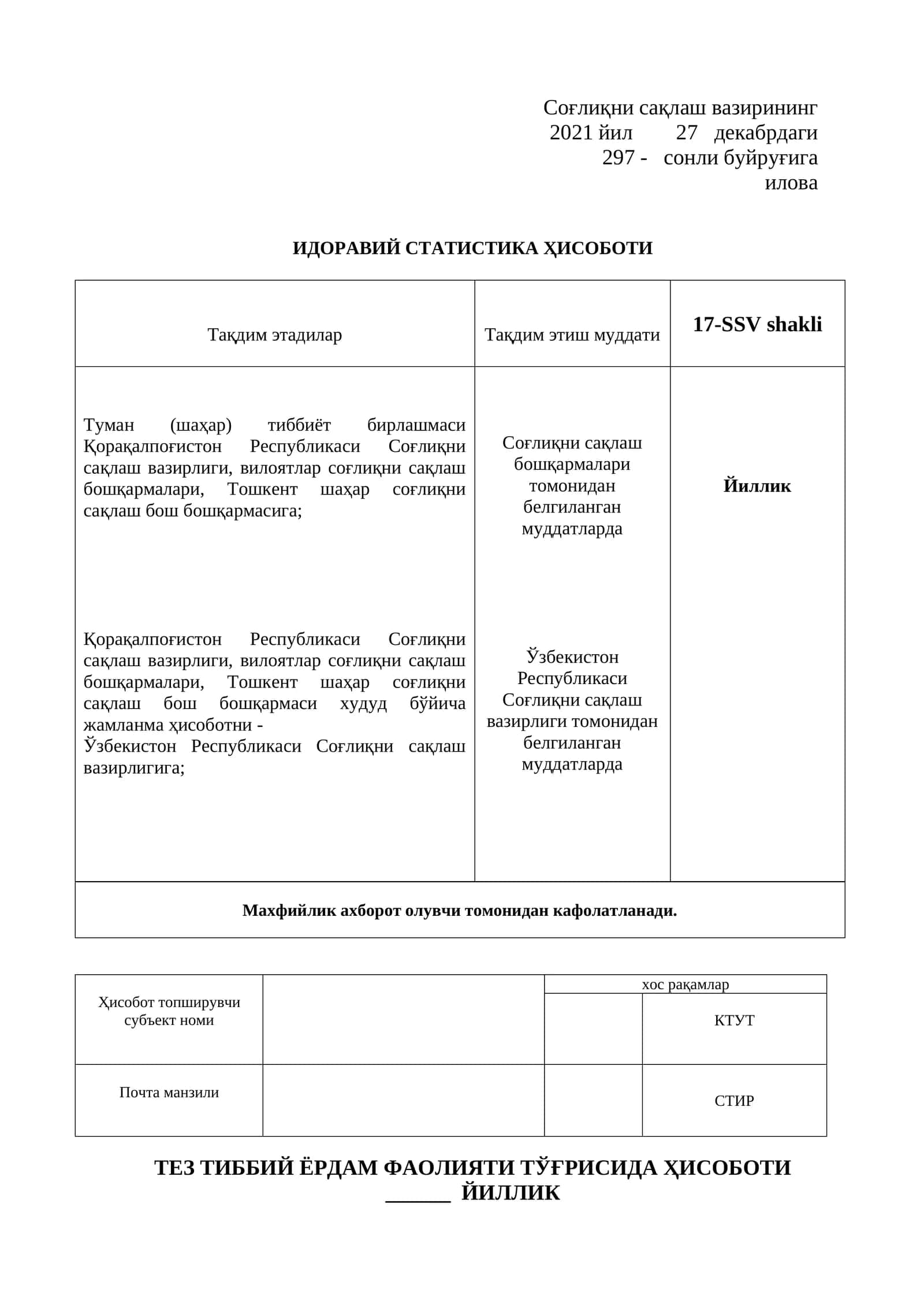 Tez tibbiy yordam faoliyati 17-SSV shakli 1