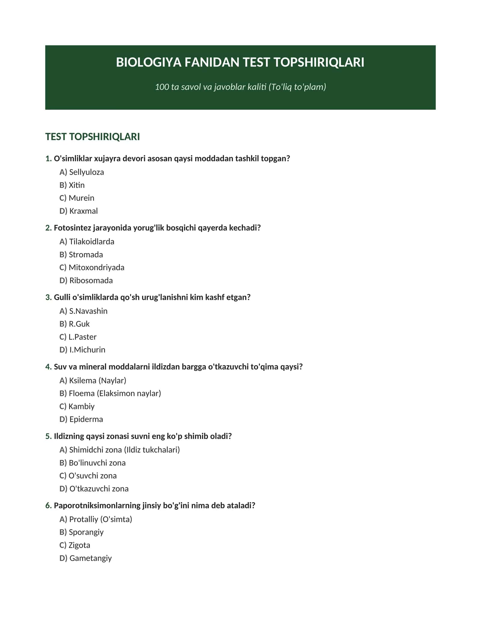 Biologiya_Аttestatsiya_100_Test_2026 test_va_javoblari 1