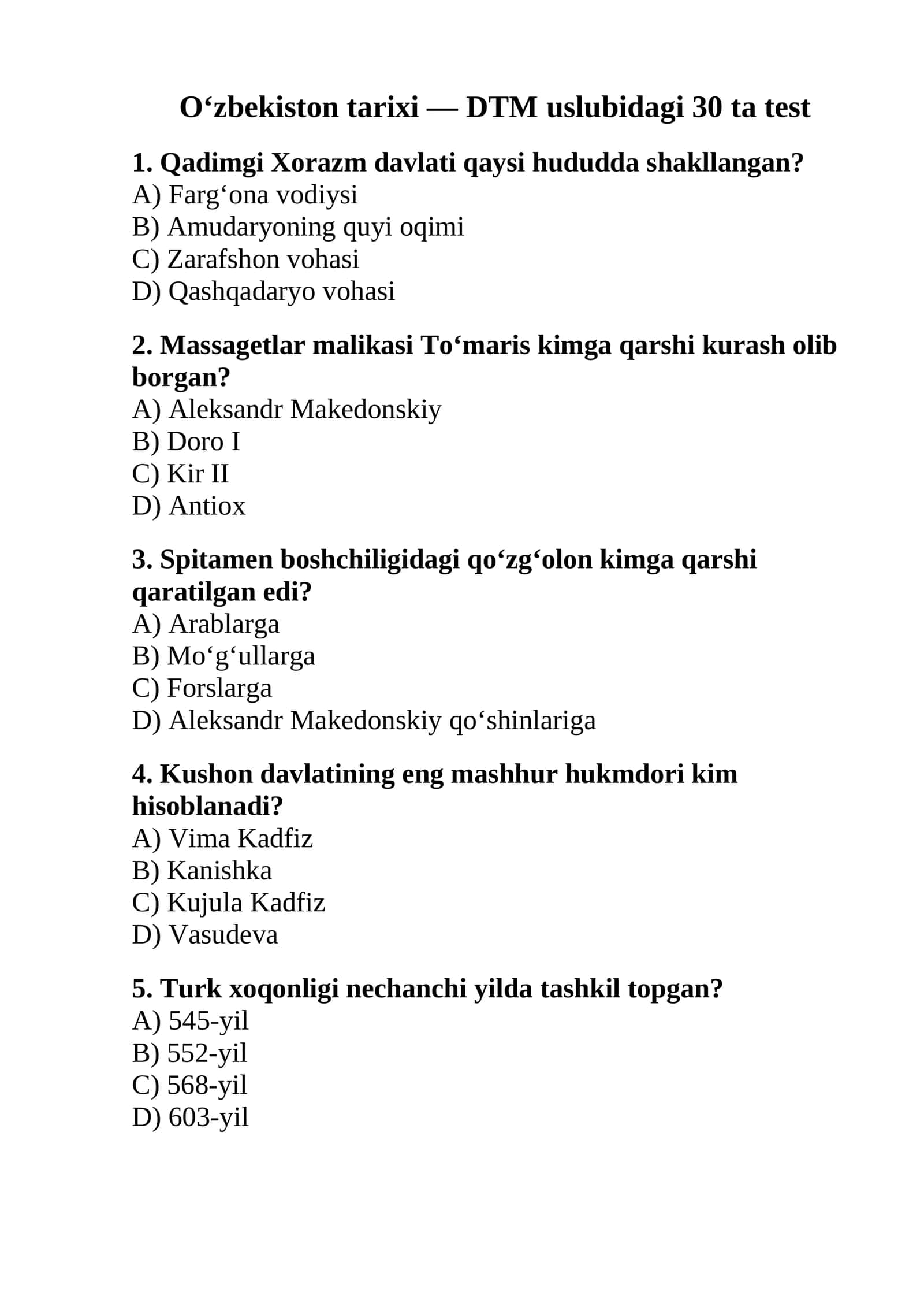 O‘zbekiston tarixi — DTM uslubidagi 30 ta test 1