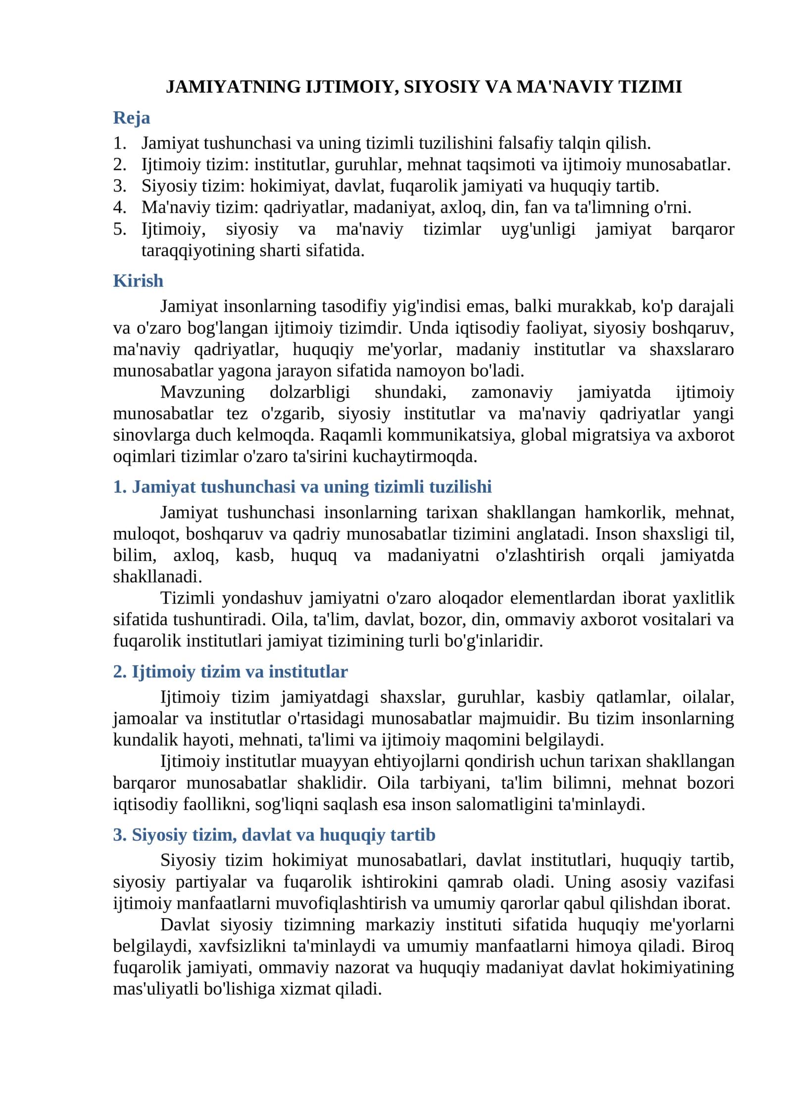 JAMIYATNING IJTIMOIY, SIYOSIY VA MA'NAVIY TIZIMI 1