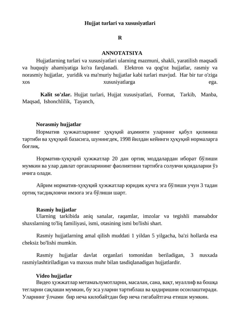 Hujjat turlari va xususiyatlari 1