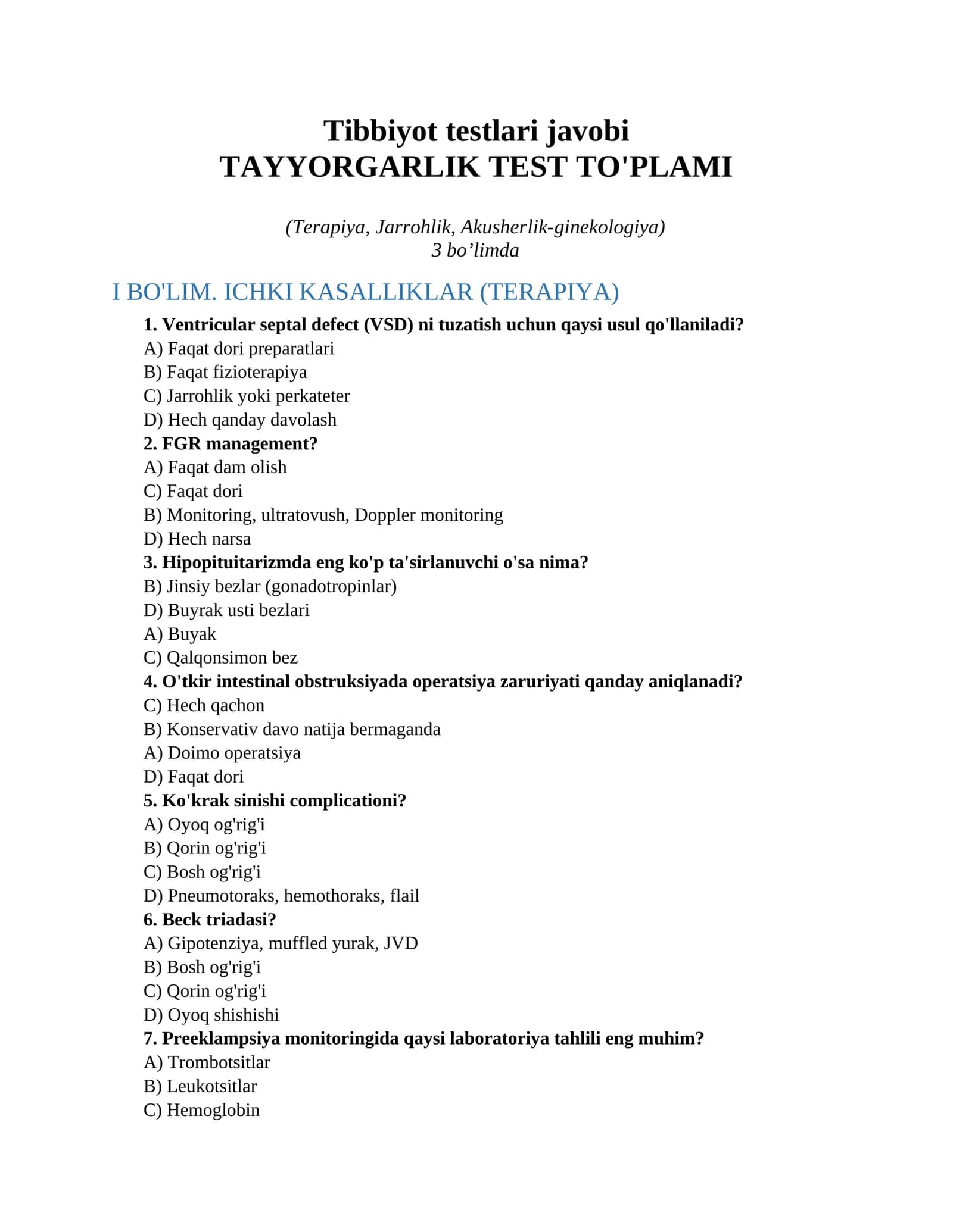 Tibbiyot testlari javobi 1
