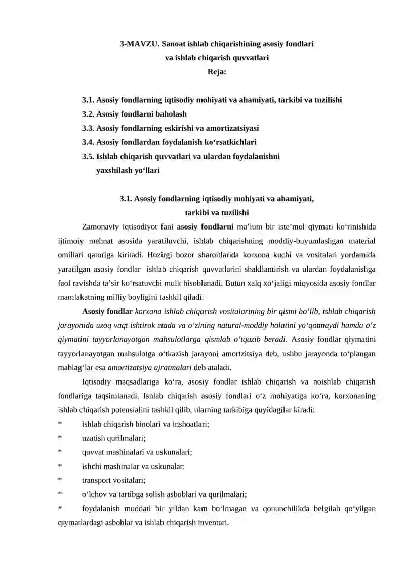 Sanoat ishlab chiqarishining asosiy fondlari va ishlab chiqarish quvvatlari