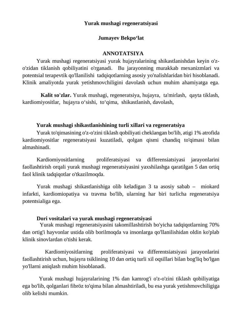 Yurak mushagi regeneratsiyasi 1