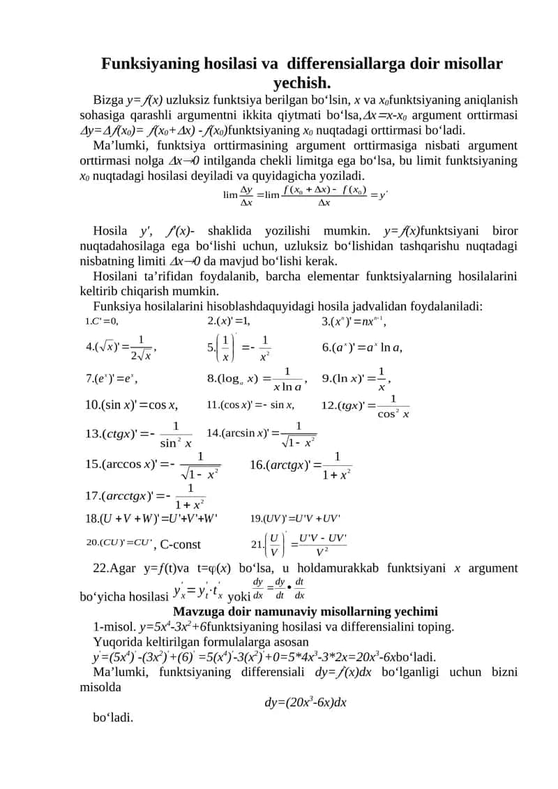 Funksiyaning hosilasi va differensiallarga doir misollar yechish. 1