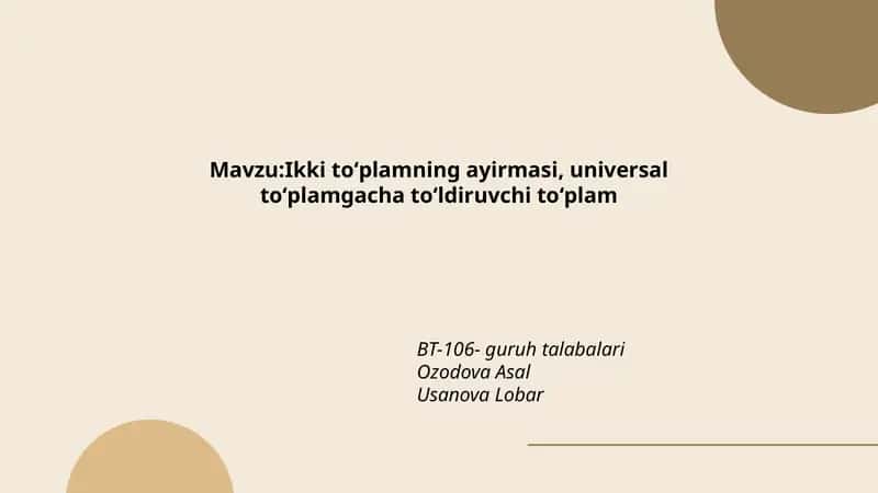Ikki toʻplamning ayirmasi, universal toʻplamgacha toʻldiruvchi toʻplam 1