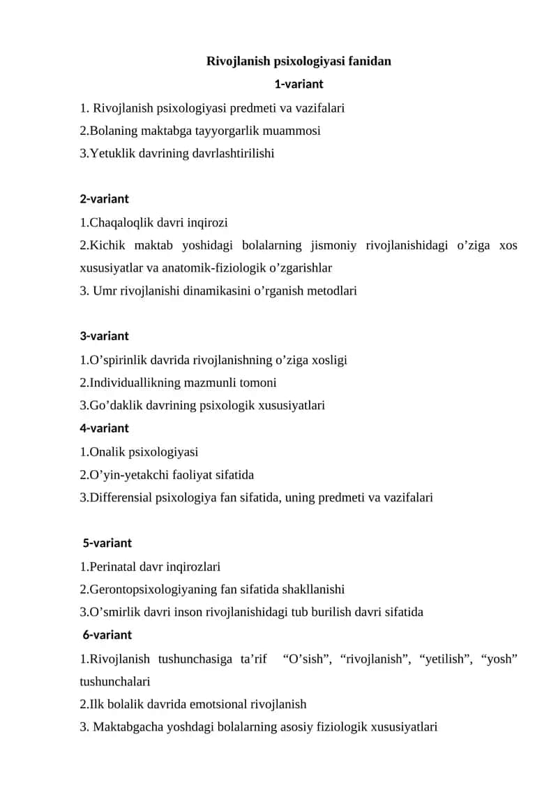Rivojlanish psixologiyasi fanidan 1