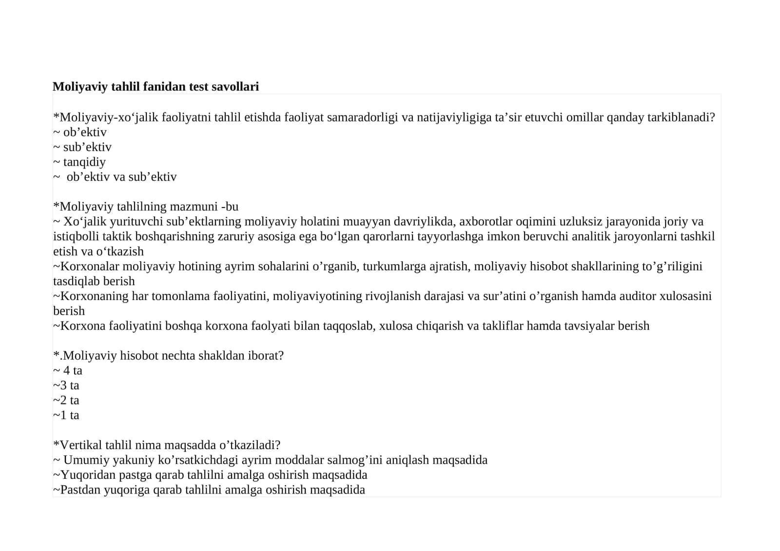 Moliyaviy tahlil fanidan test savollari 1