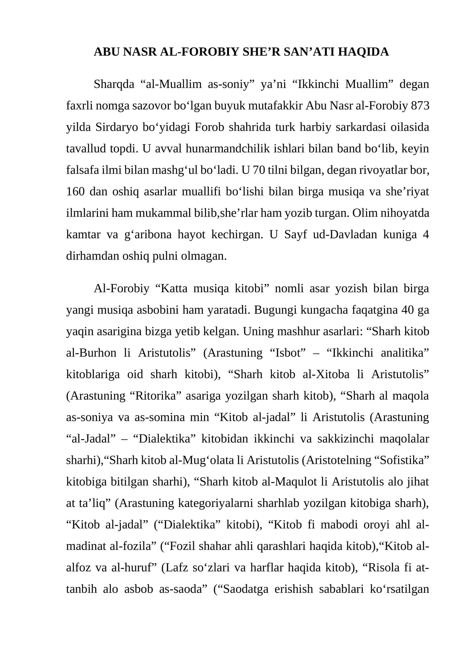 ABU NASR AL-FOROBIY SHE’R SAN’ATI HAQIDA 1
