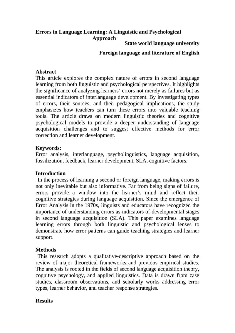Errors in Language Learning: A Linguistic and Psychological Approach 1