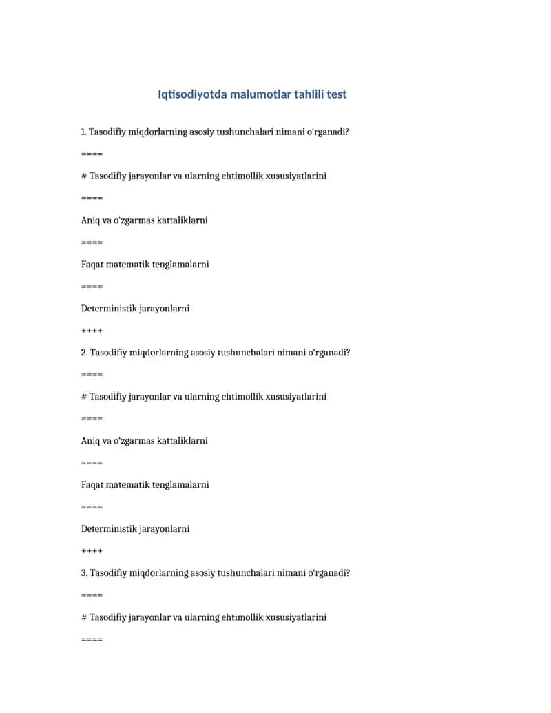 Iqtisodiyotda malumotlar tahlili test 1