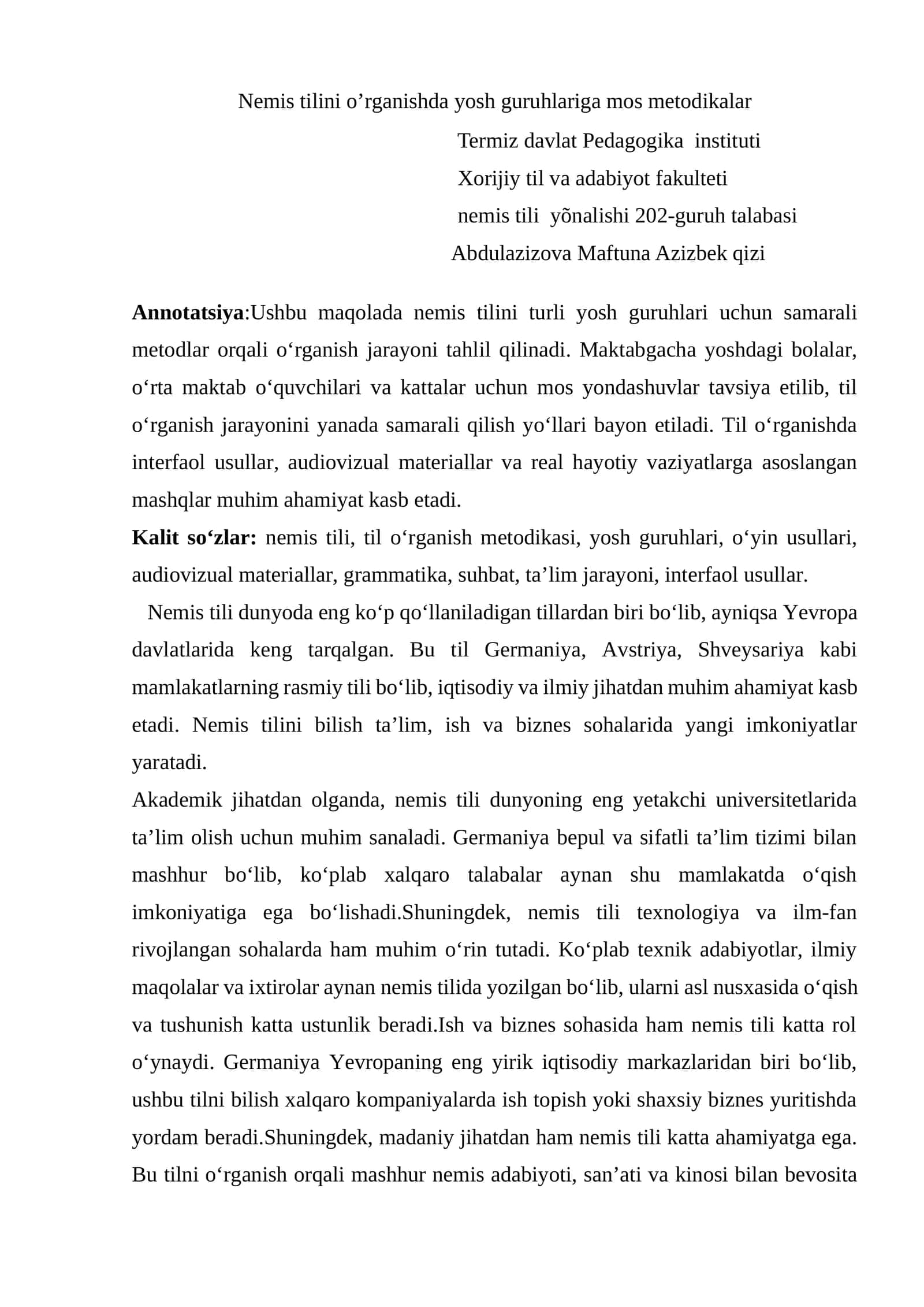 Nemis tilini o’rganishda yosh guruhlariga mos metodikalar 1