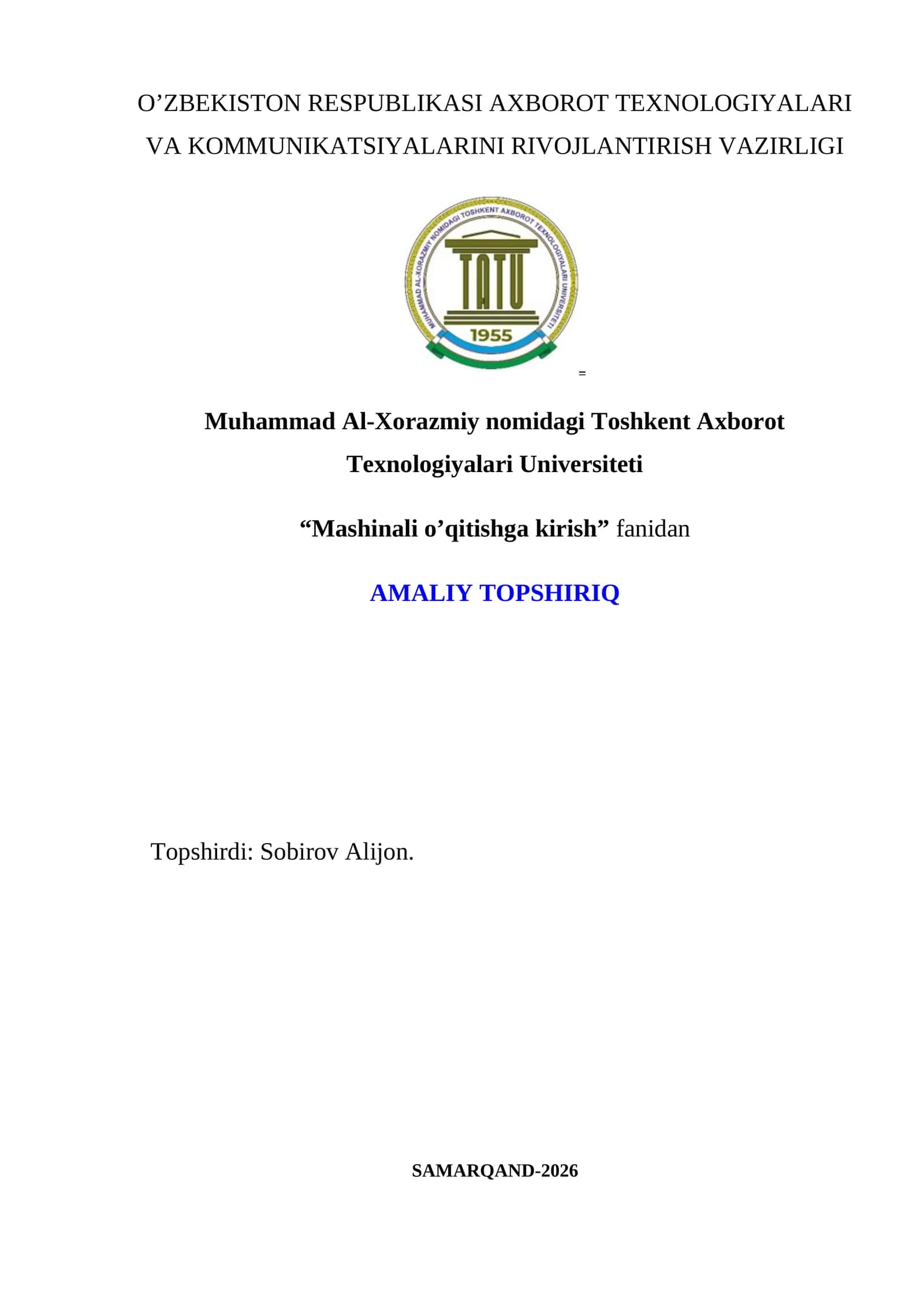 Mashinali o’qitishga kirish fanidan amaliy topshiriq 1