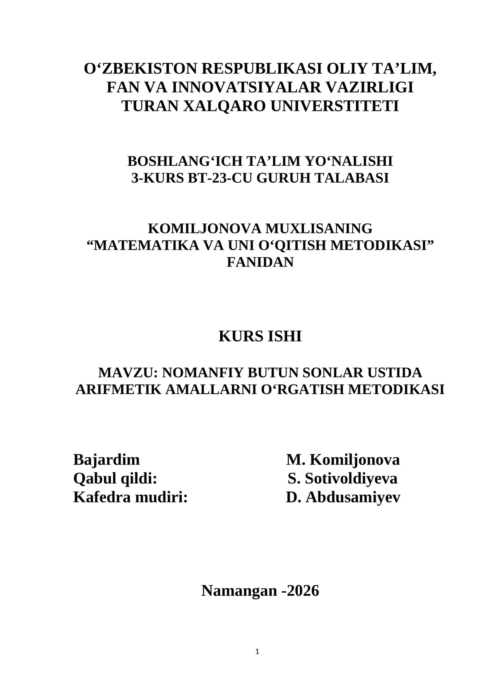 NOMANFIY BUTUN SONLAR USTIDA ARIFMETIK AMALLARNI OʻRGATISH METODIKASI 1