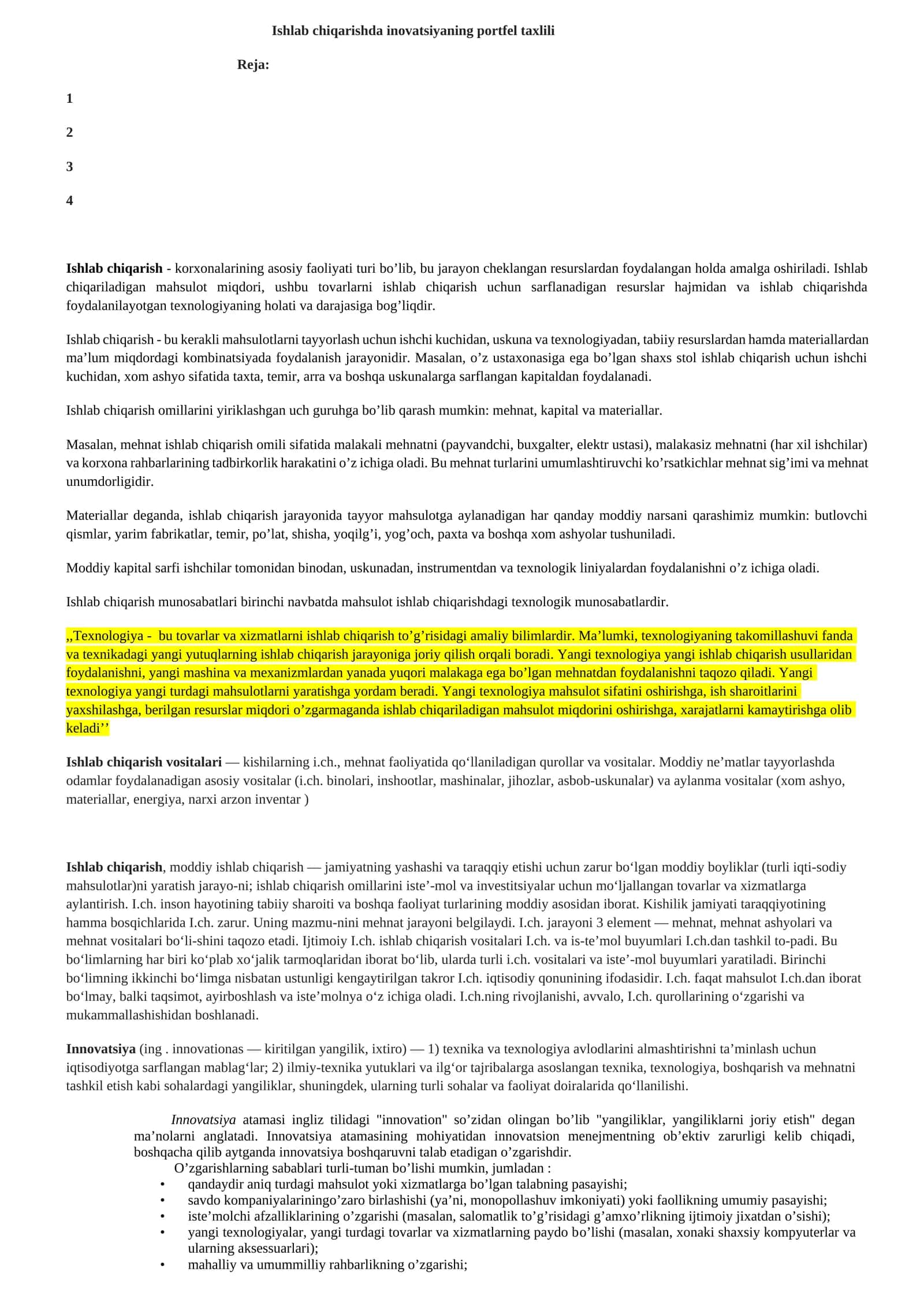 Ishlab chiqarishda innovatsiyaning portfel taxlili 1