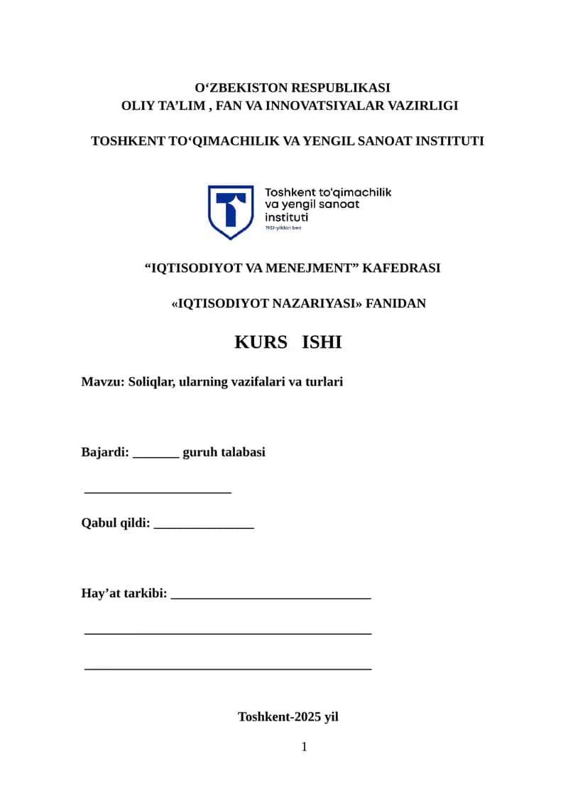 Soliqlar, ularning vazifalari va turlari 1