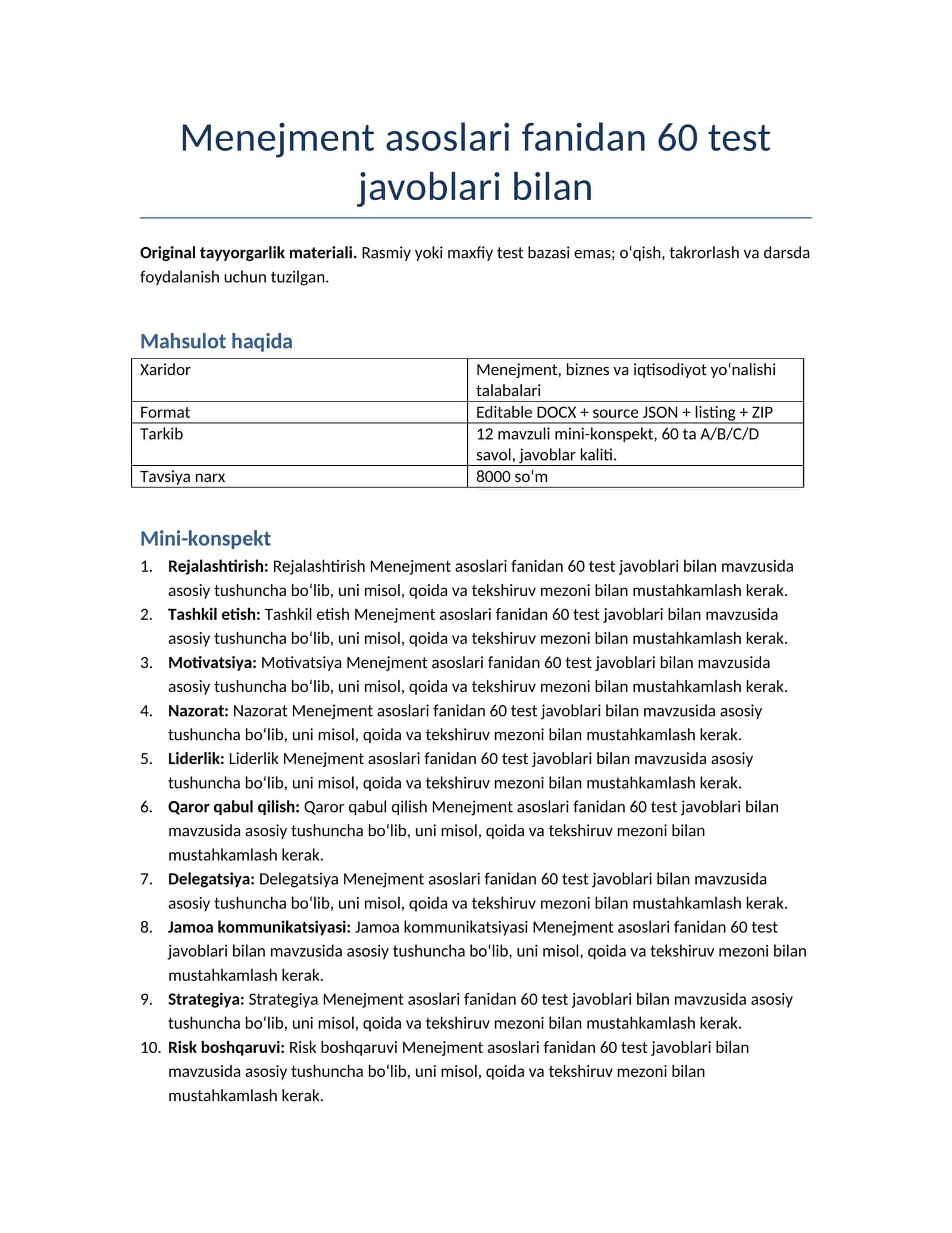 Menejment asoslari fanidan 60 test javoblari bilan 1