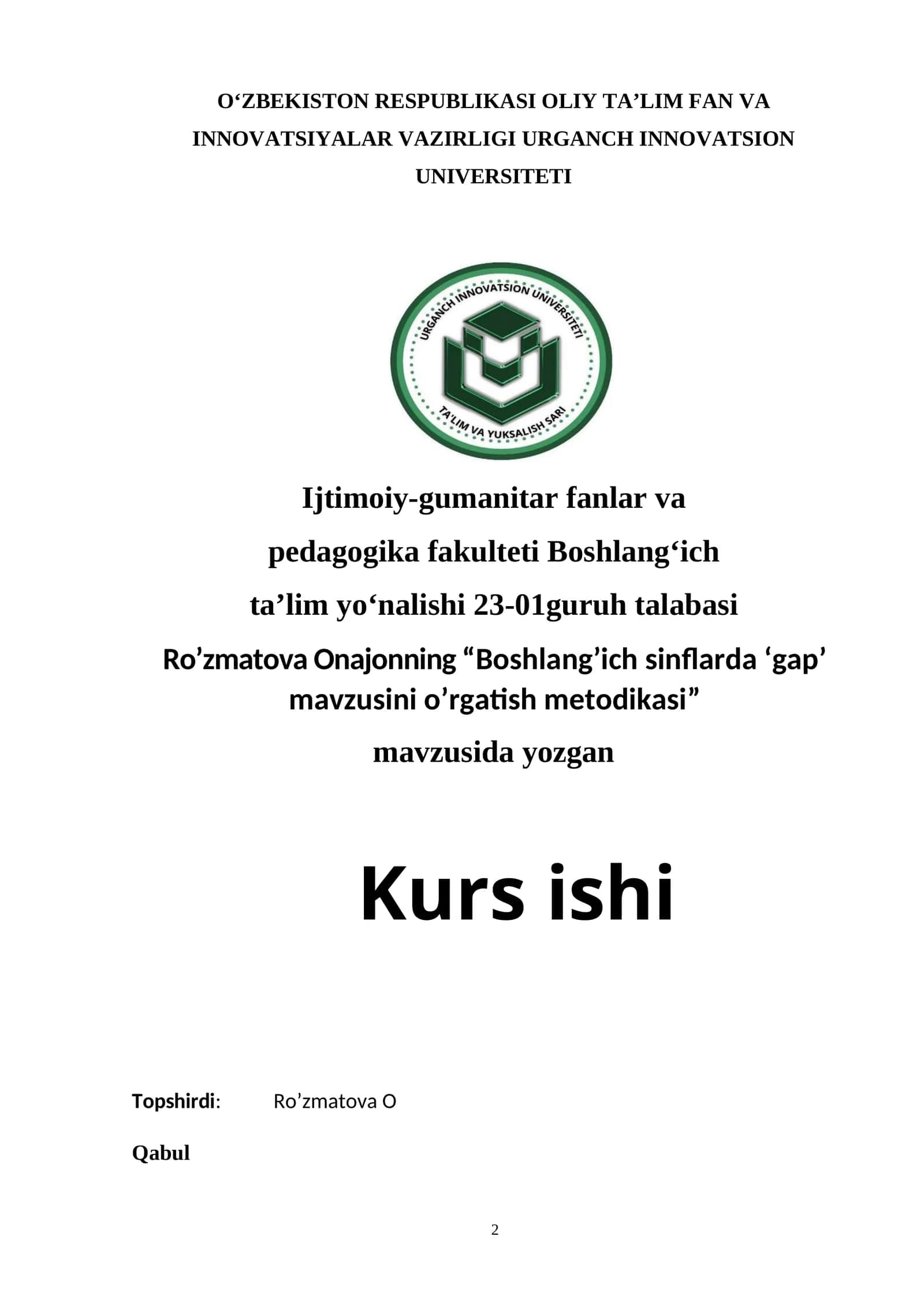 BOSHLANG`ICH SINFLARDA „GAP“ MAVZUSINI O`RGANISH 1