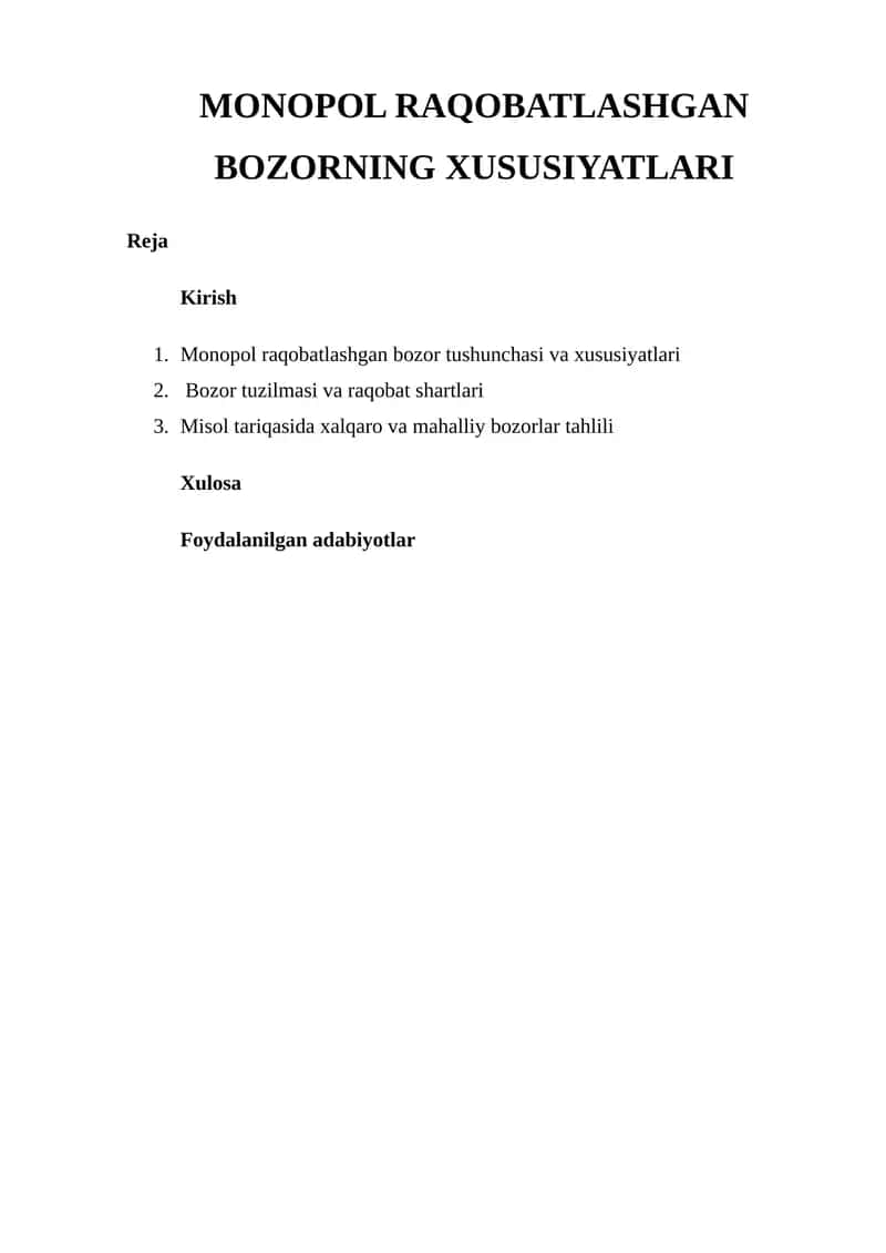 MONOPOL RAQOBATLASHGAN BOZORNING XUSUSIYATLARI 1