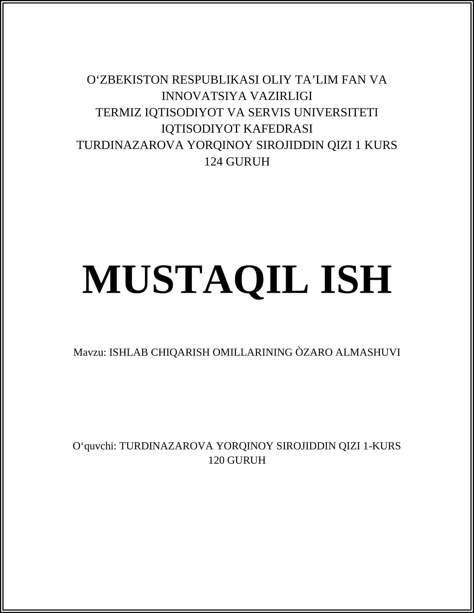 ISHLAB CHIQARISH OMILLARINING ÒZARO ALMASHUVI 1