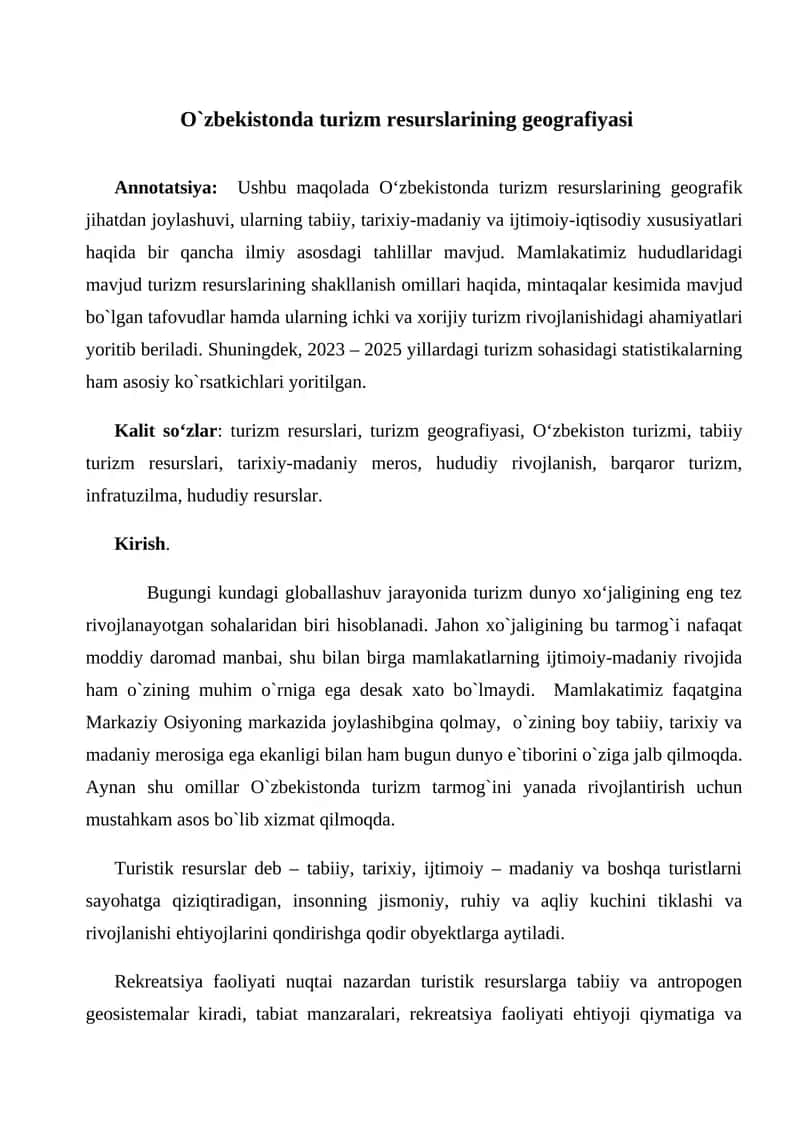 O`zbekistonda turizm resurslarining geografiyasi 1