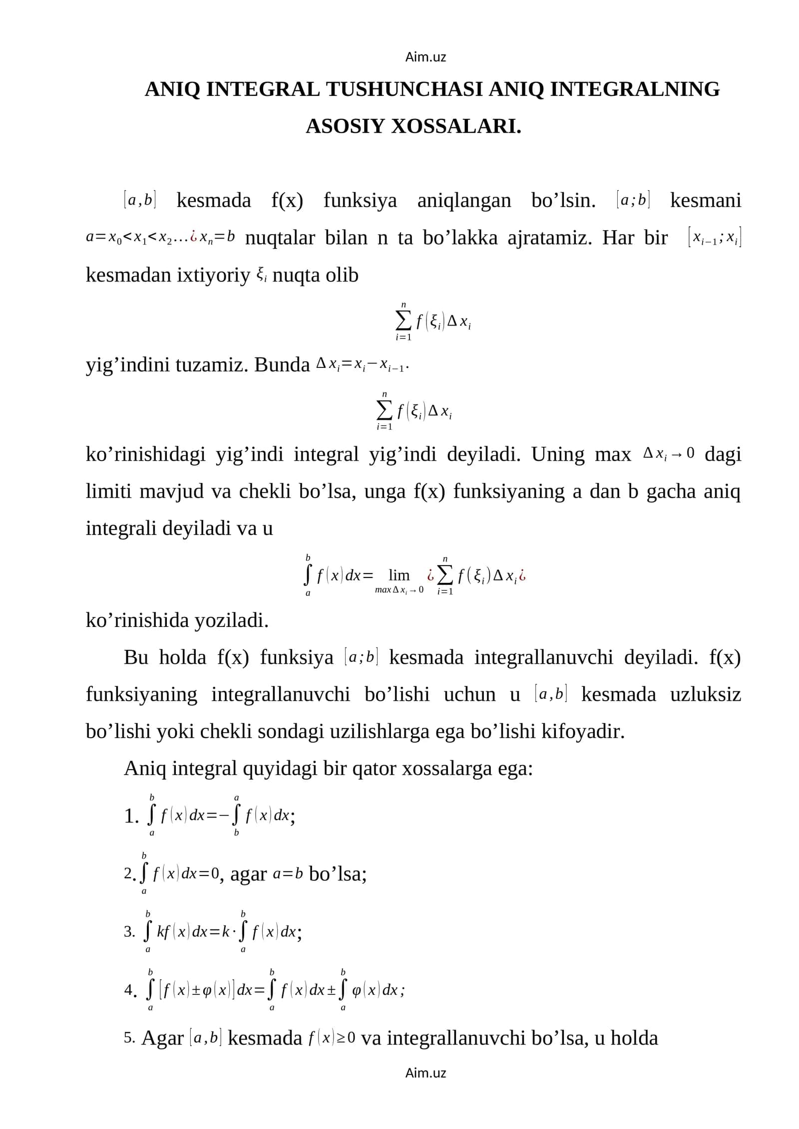 ANIQ INTEGRAL TUSHUNCHASI ANIQ INTEGRALNING ASOSIY XOSSALARI 1