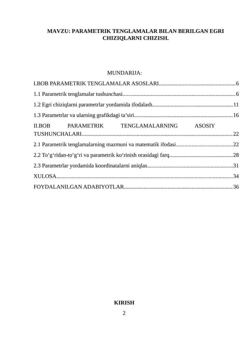 PARAMETRIK TENGLAMALAR BILAN BERILGAN EGRI CHIZIQLARNI CHIZISH 1