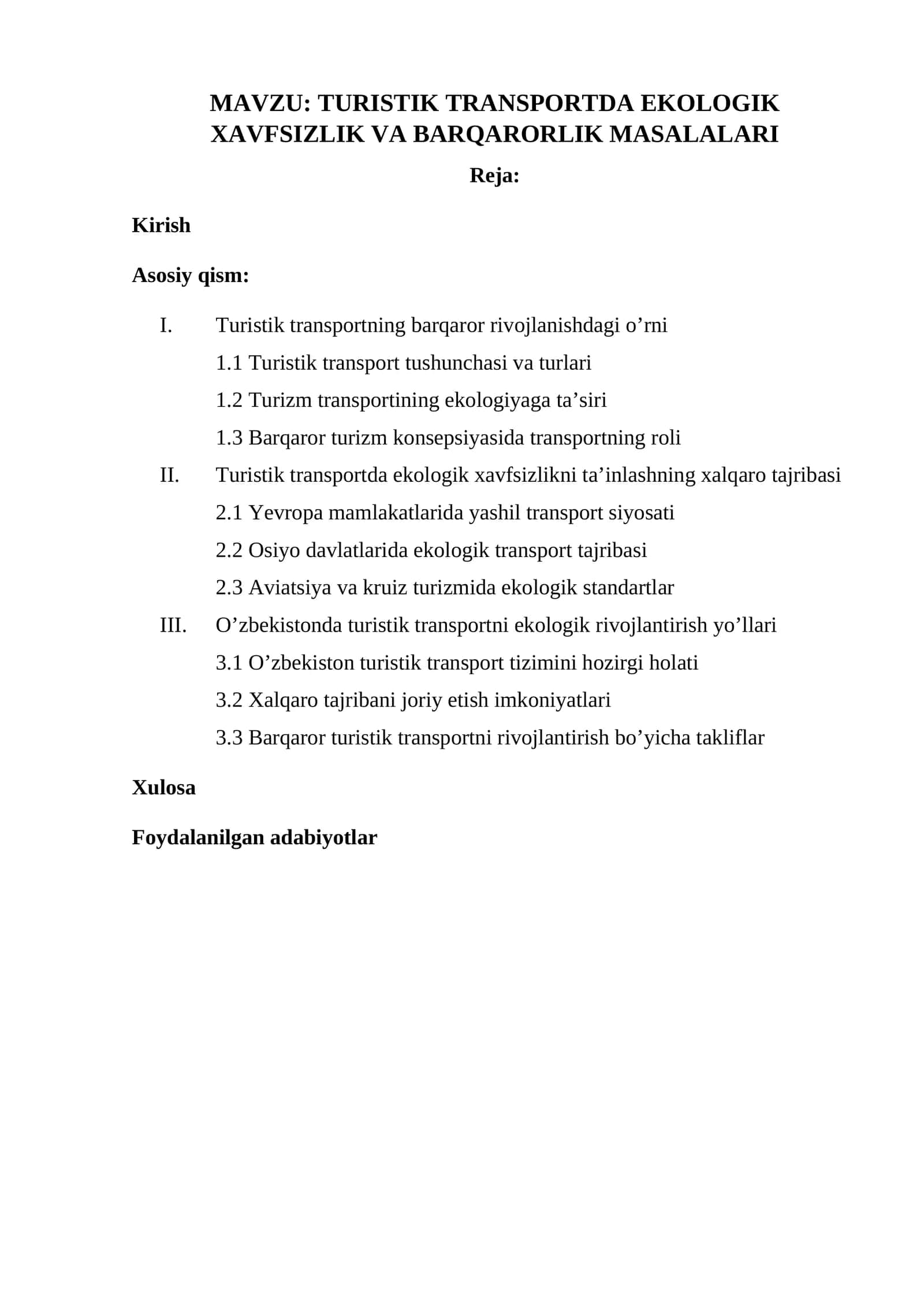 TURISTIK TRANSPORTDA EKOLOGIK XAVFSIZLIK VA BARQARORLIK MASALALARI 1