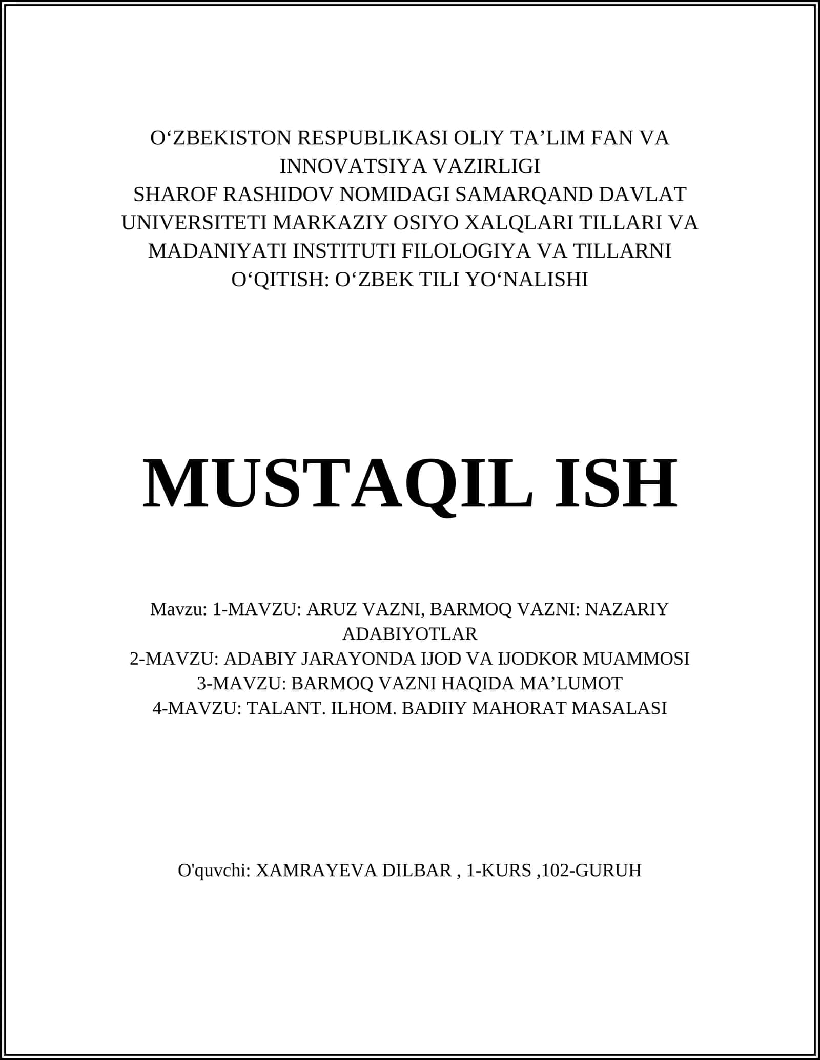 Aruz va Barmoq Vazni: Nazariy Adabiyotlar 1