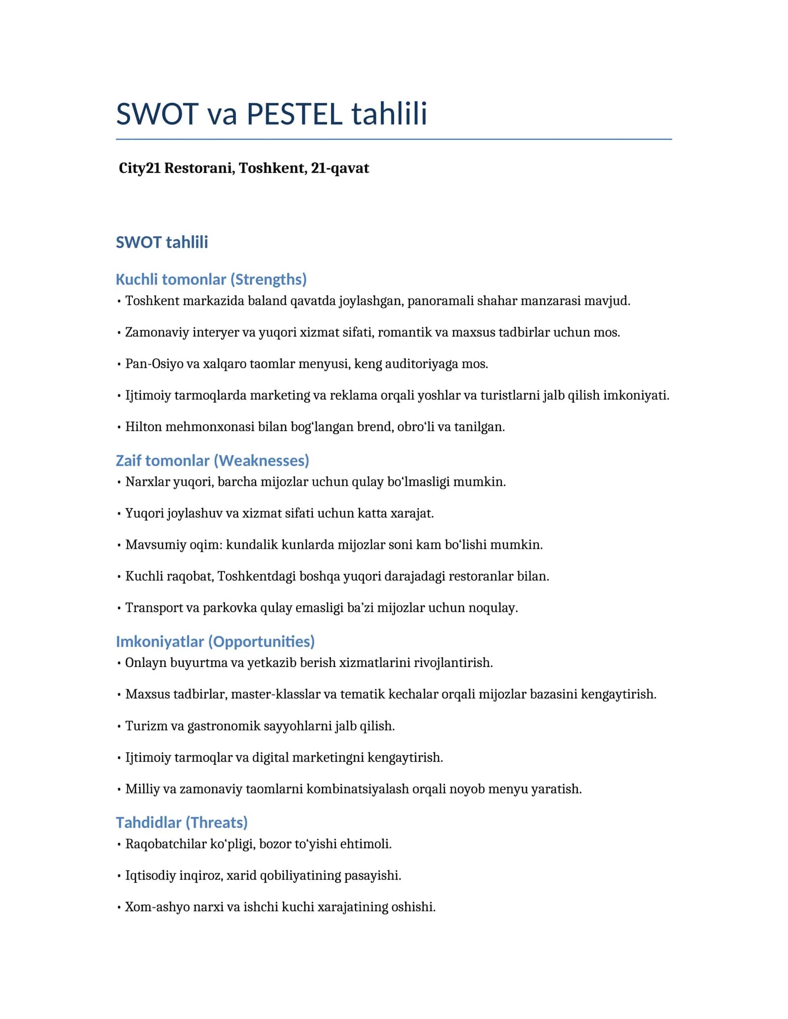 SWOT va PESTEL tahlili 1