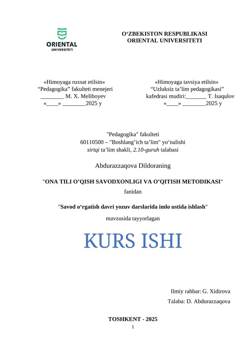 "Savod o‘rgatish davri yozuv darslarida imlo ustida ishlash" 1