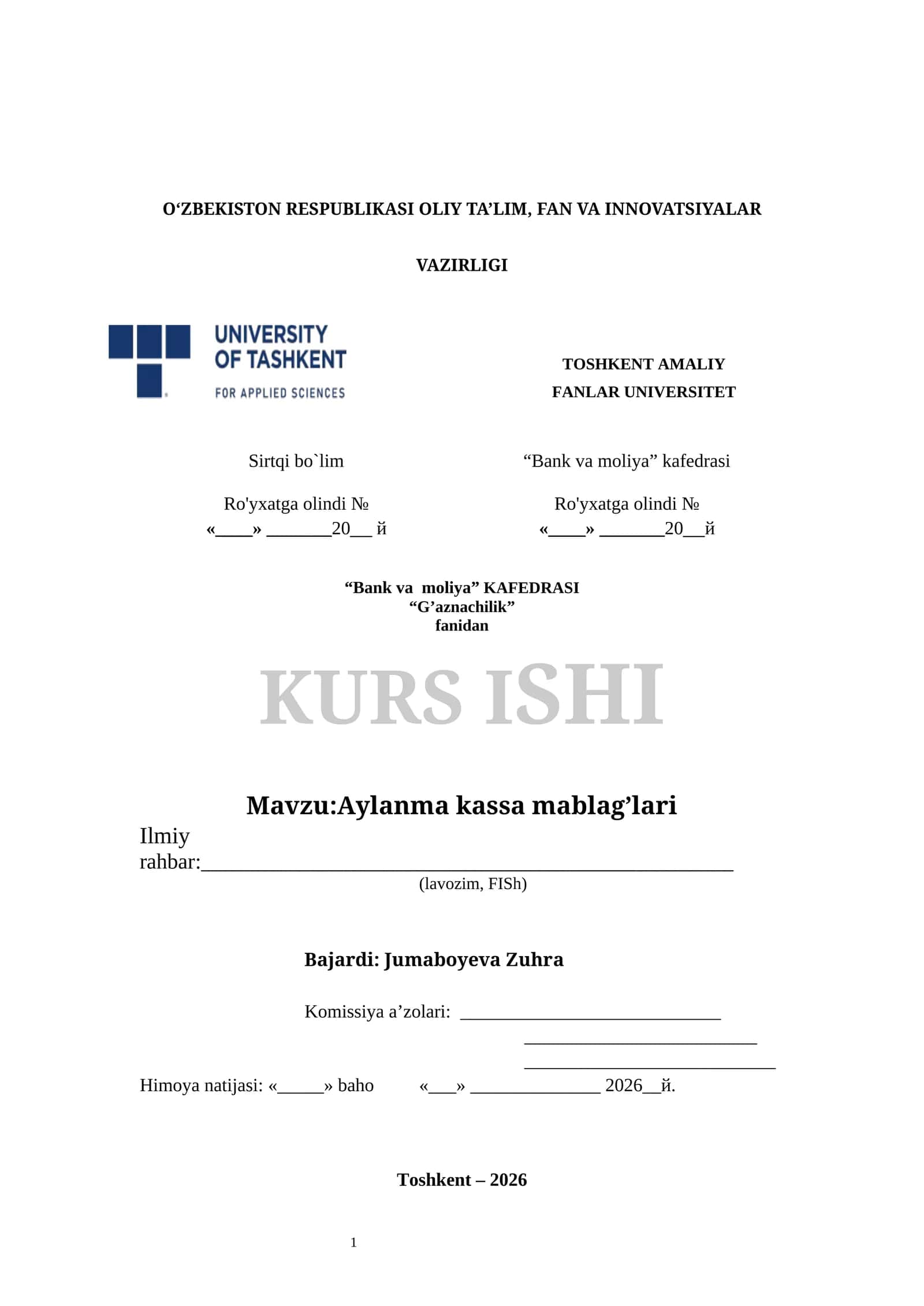 KURS ISHI - Aylanma kassa mablag’lari 1