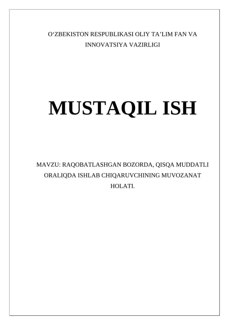 Raqobatlashgan Bozorda Muvozanat Holati 1