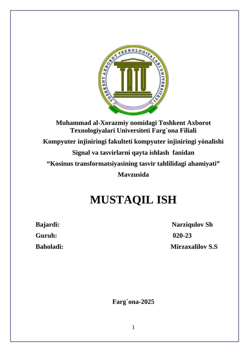 “Kosinus transformatsiyasining tasvir tahlilidagi ahamiyati” 1
