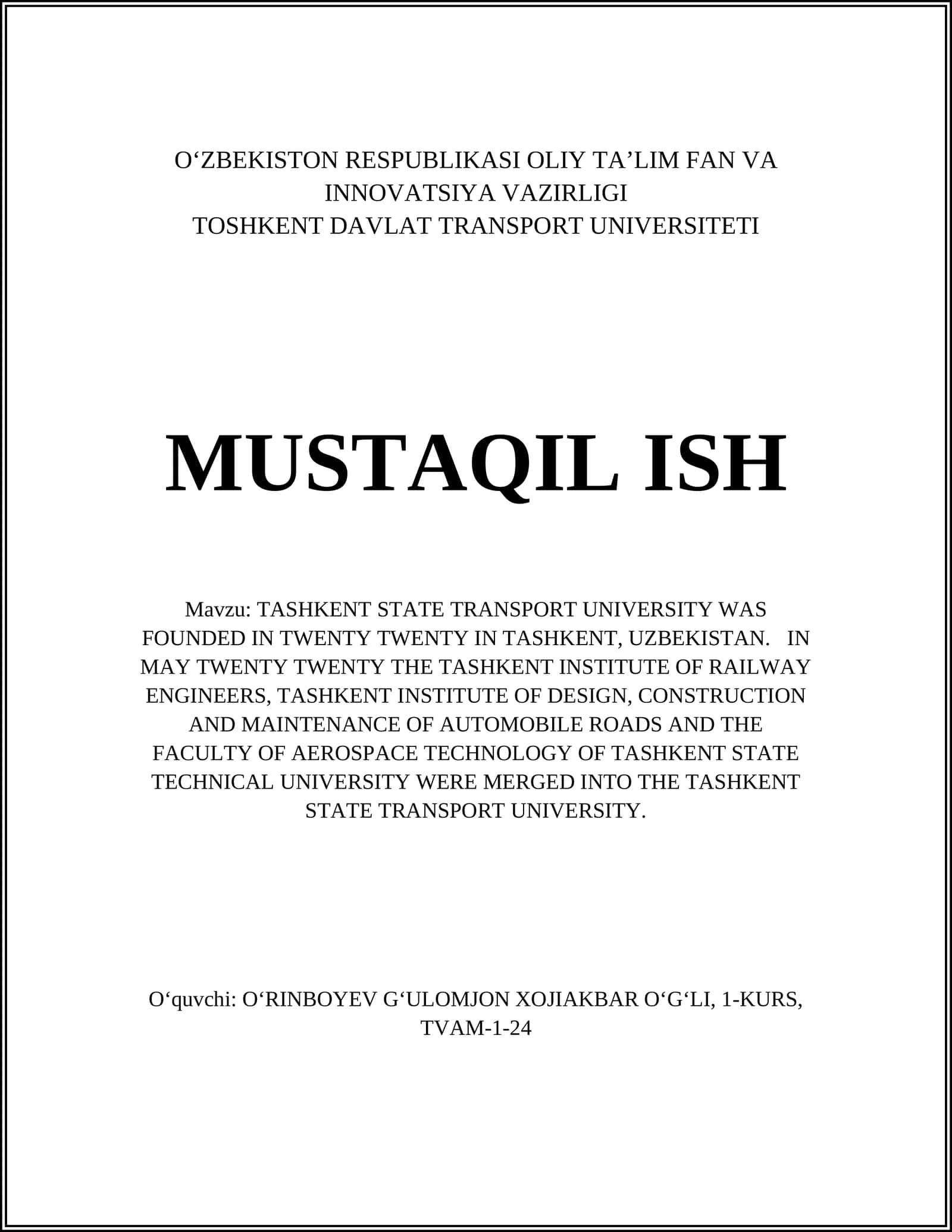 Tashkent State Transport University History 1