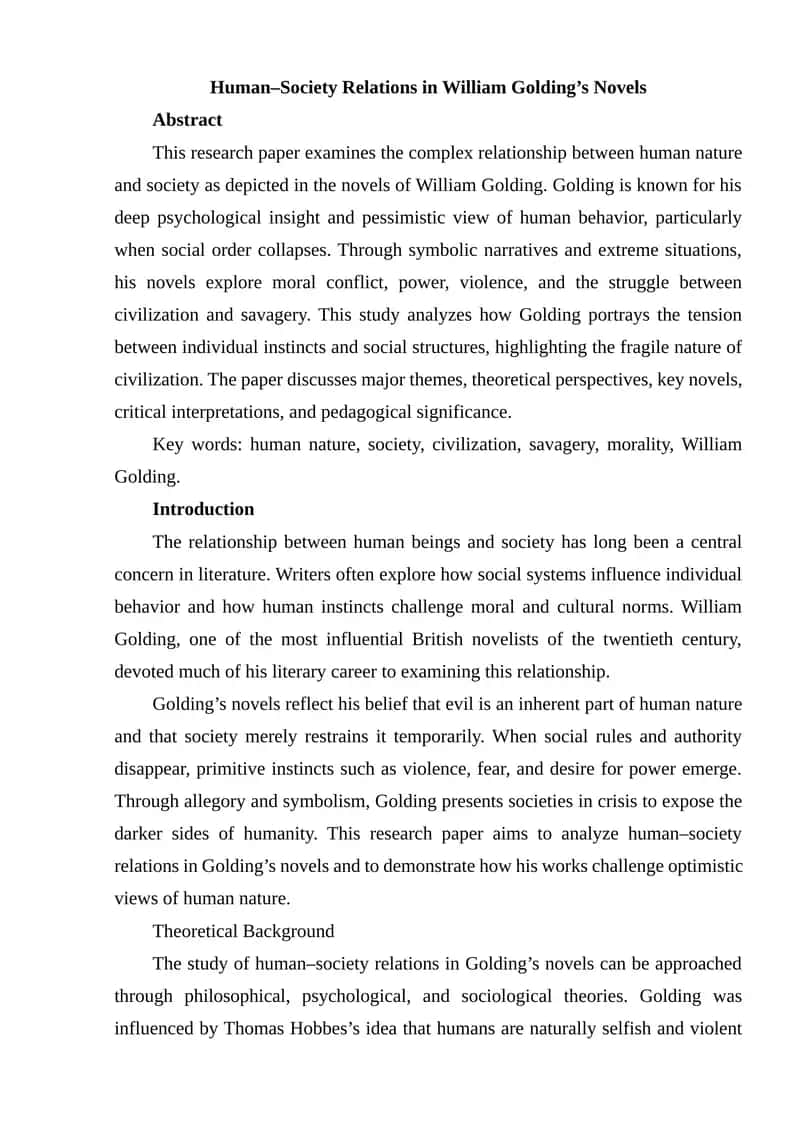 Human–Society Relations in William Golding’s Novels 1