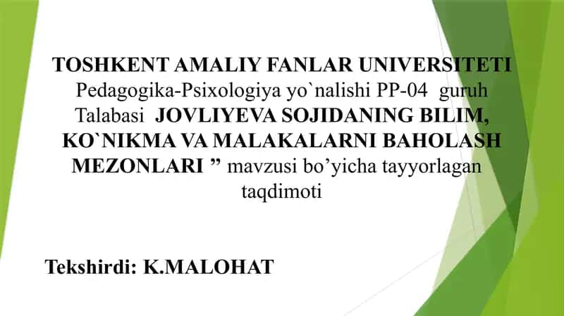BILIM, KO`NIKMA VA MALAKALARNI BAHOLASH MEZONLARI 1