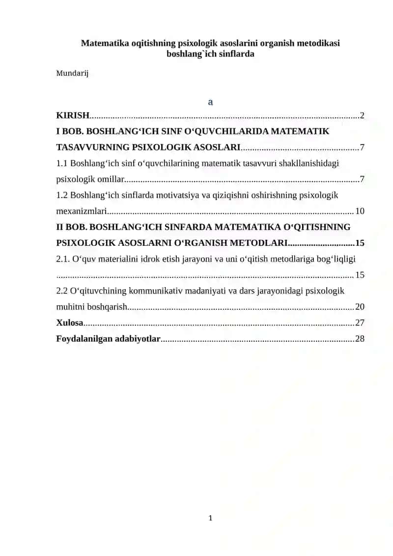 Matеmatika oqitishning psiхоlоgik asоslarini organish mеtоdikasi bоshlang`ich sinflarda
