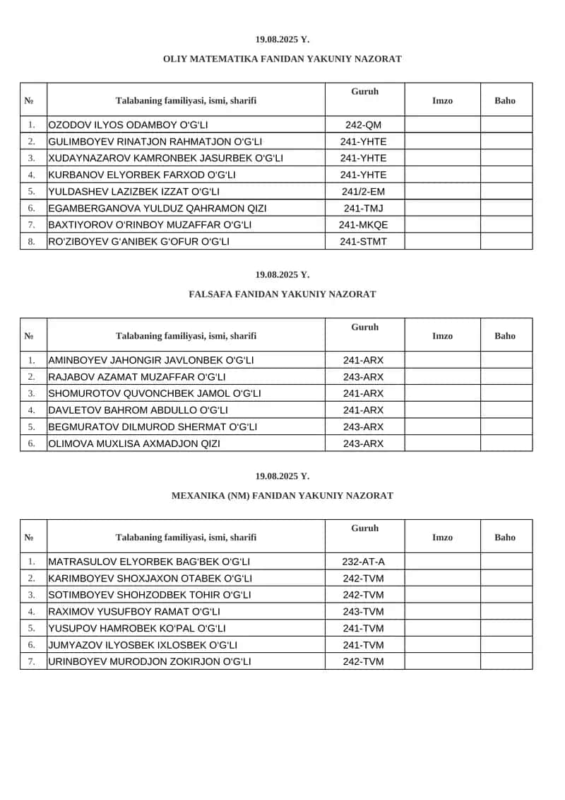 OLIY MATEMATIKA FANIDAN YAKUNIY NAZORAT 1