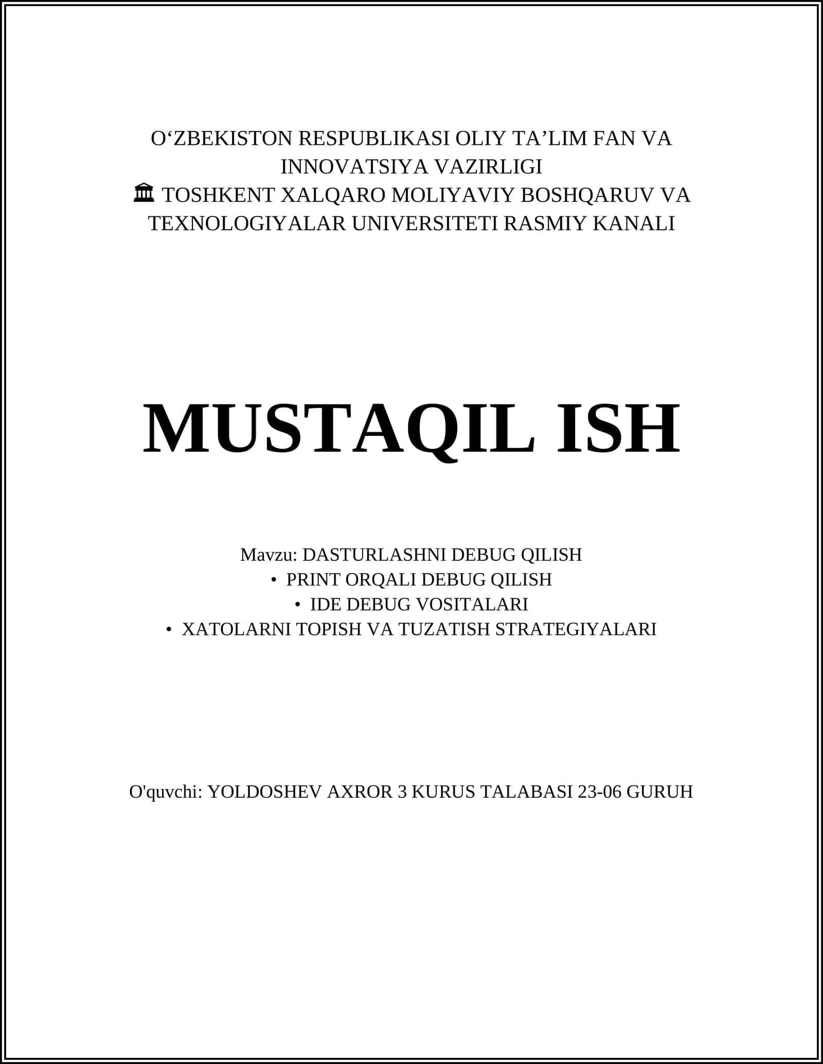 DASTURLASHNI DEBUG QILISH 1