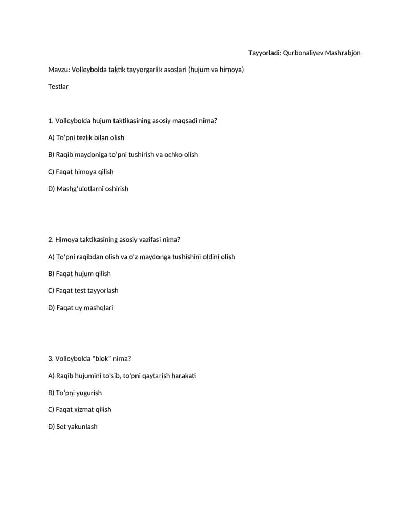 Volleybolda taktik tayyorgarlik asoslari (hujum va himoya) 1